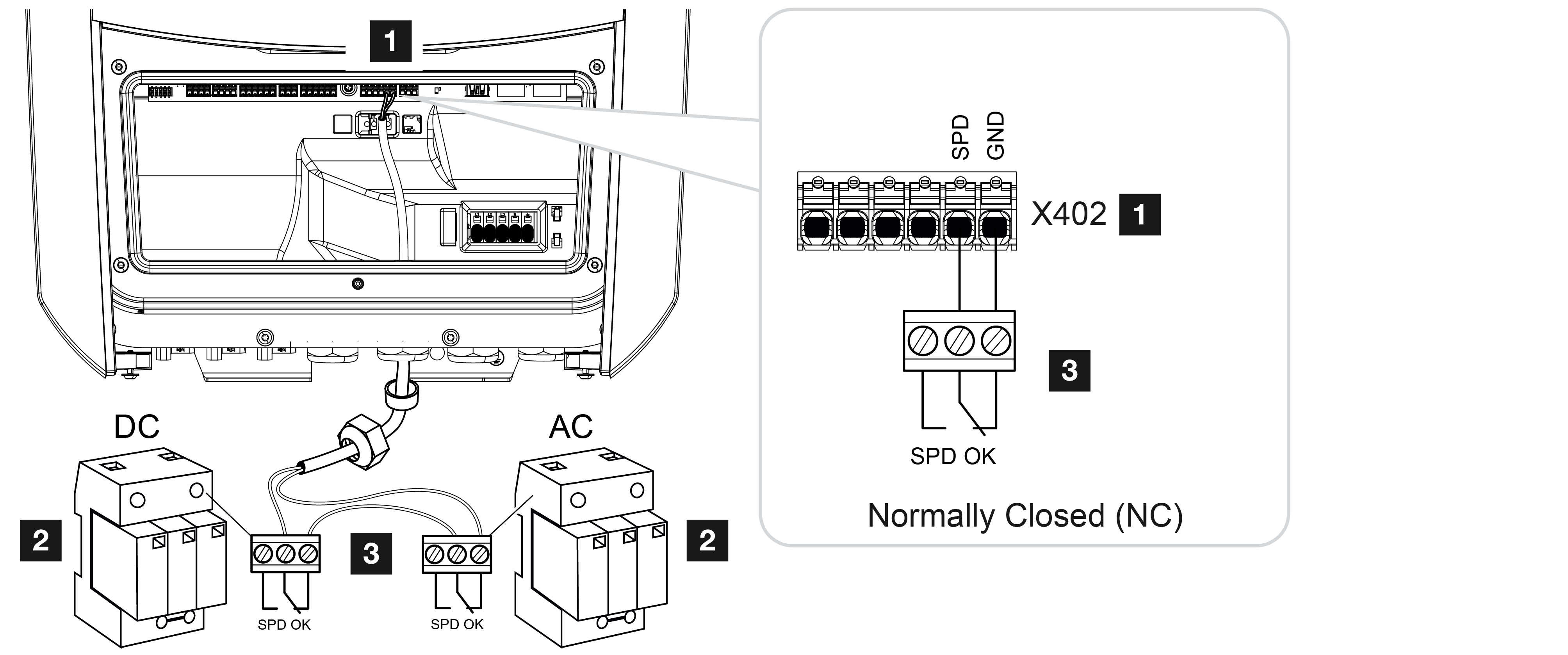 Overvoltage protection (SPD) as NC contact